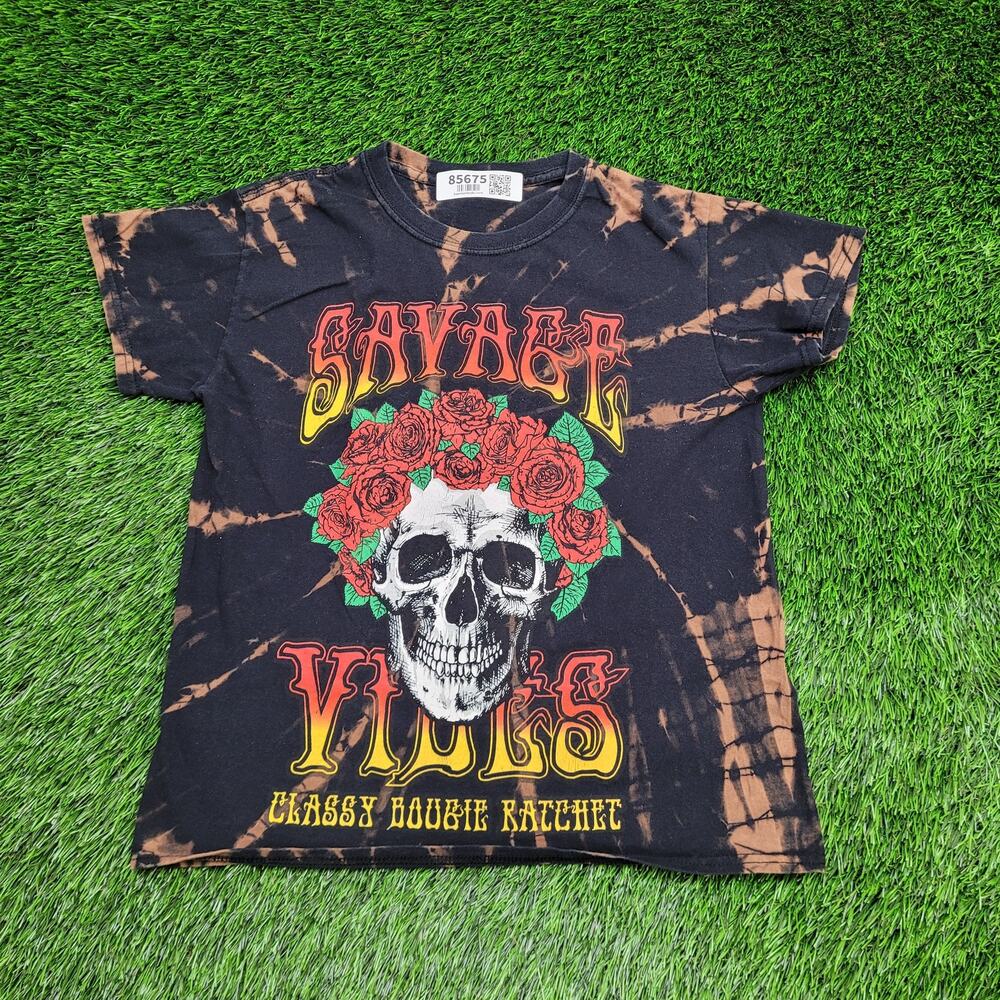 Savage-Vines Skull Rose Shirt Womens Small 18x22 Bleached Black